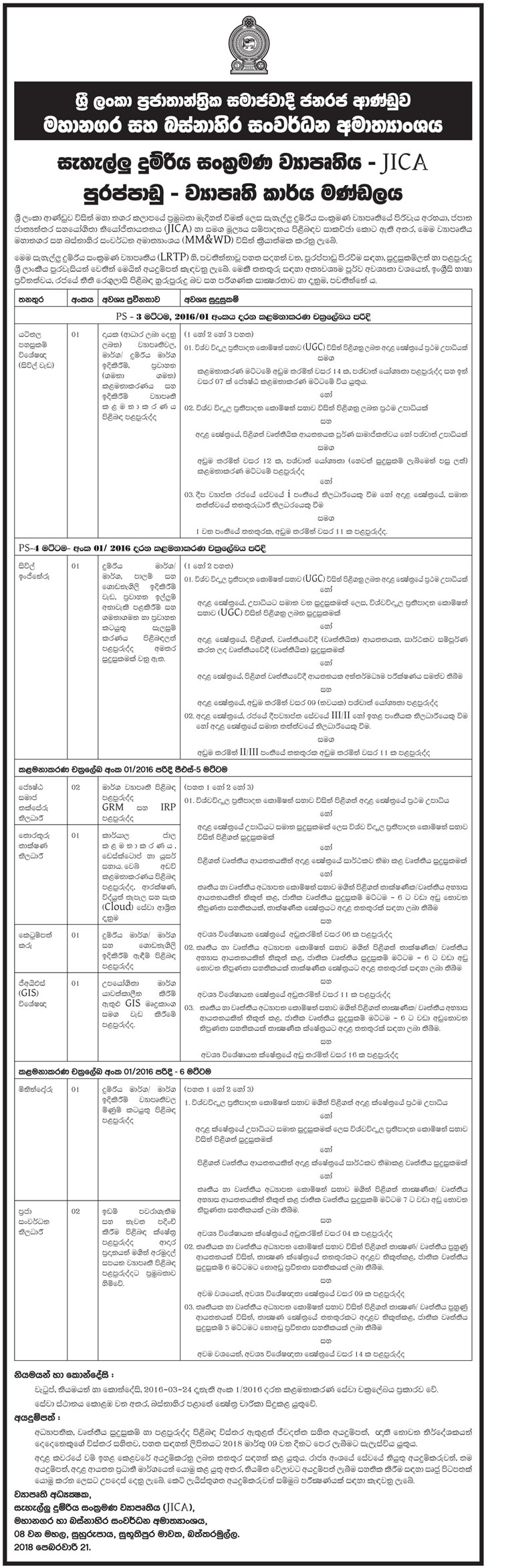 Infrastructure Specialist, Civil Engineer, Senior Social Assessment Officer, IT Officer, Draftsmen, GIS Specialist, Surveyor, Community Development Officer - Ministry of Megapolis & Western Development